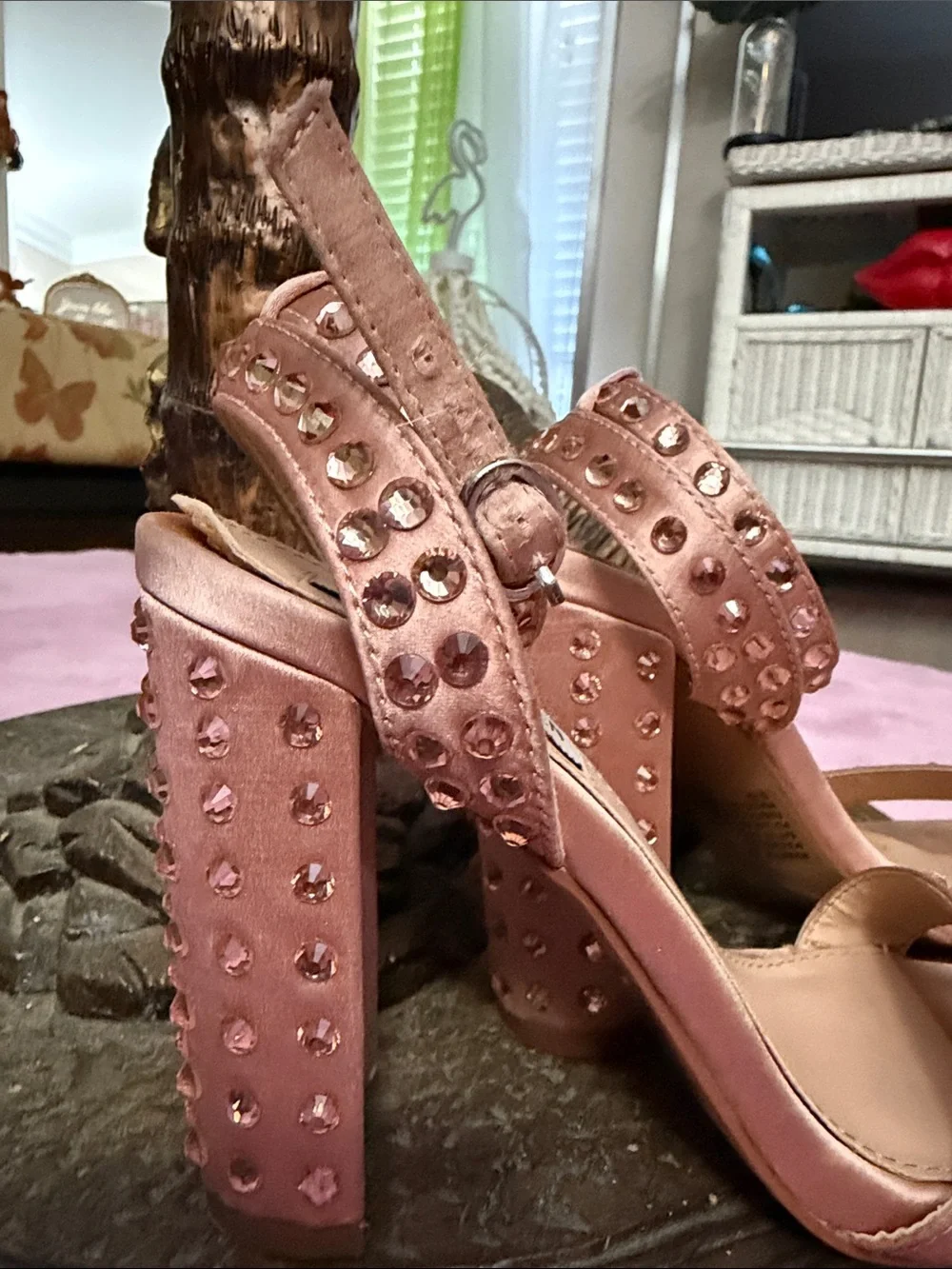 Women's Studded Ankle-Strap Sandals in Rose Gold